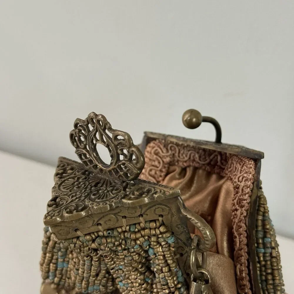 Antique 1920s Glass Beaded Victorian Flapper Purse Ornate Metal Frame W/ Mirror